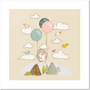 Floating Hedgehog in Sky - Whimsical Scene with Hedgehog and Birds Posters and Art